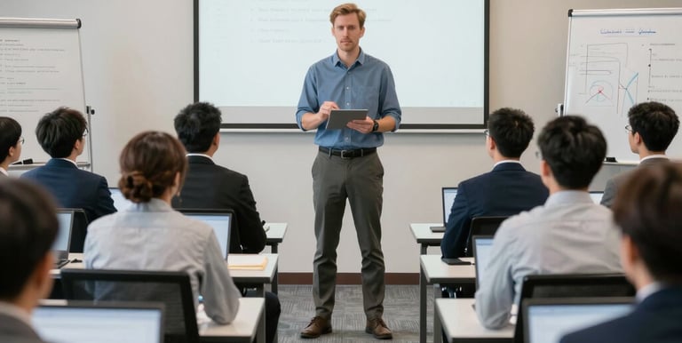 A modern architectural building with sleek, angular lines and large glass windows. The structure features a rooftop deck with railings. People can be seen walking near the entrance, and traffic cones are placed on a wooden deck area, adding an industrial yet clean aesthetic.