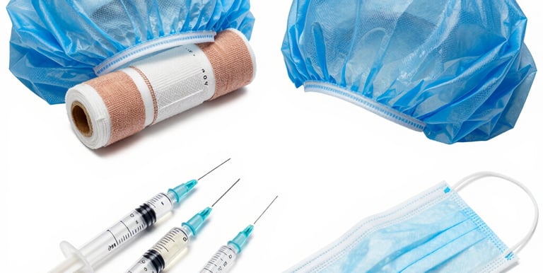 foleys catheter, urine bag, syringes, mask , surgical caps ,roller bandages