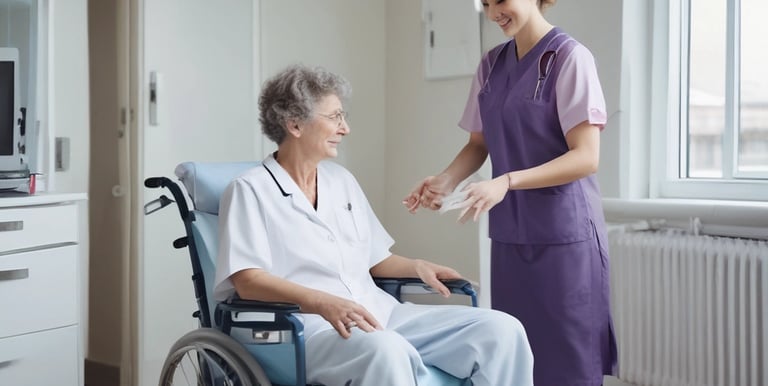 A healthcare professional is assisting a patient in a clinical setting. The patient is sitting on a chair, holding a cup near her mouth. The healthcare worker is wearing gloves and a protective gown, attending to the patient with what appears to be a medical procedure or care routine.