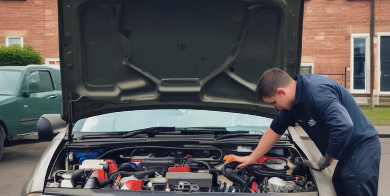 A spacious and well-lit automotive repair shop with several vehicles, including a truck on a lift and another with its hood open. The area is organized with tools and equipment scattered around workstations, with blue car lifts and various service bays visible.