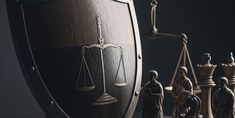 Defensa Penal Estratégica con un escudo protector, figuras de ajedrez y una balanza de la justicia