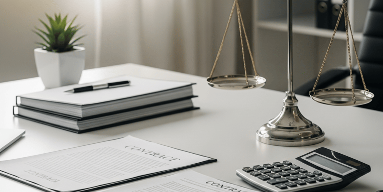 Derecho Penal Tributario: documentos legales, calculadora y balanza de la justicia en un escritorio