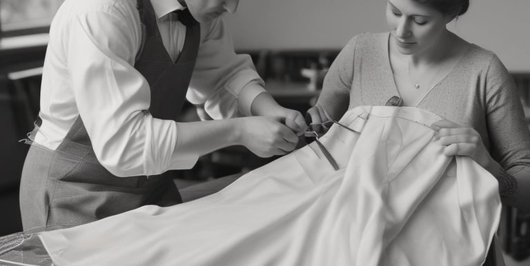 An image of two people fixing a dress