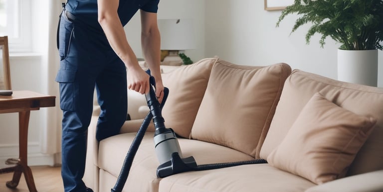A man cleaning a sofa with careful