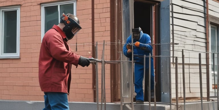 A construction site is depicted with exposed electrical wires protruding from a circular conduit in a rough concrete wall. The floor is covered in dust and debris, and there are multiple cables organized in a black mesh covering running along the floor.
