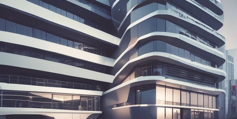 The image features the facade of a modern office building with a clean, geometric design. It is constructed with a combination of red brick and large glass panels, and there is a prominently displayed sign for Tata Consultancy Services in blue. Trees partially frame the view, and a lamppost is visible at the foreground.