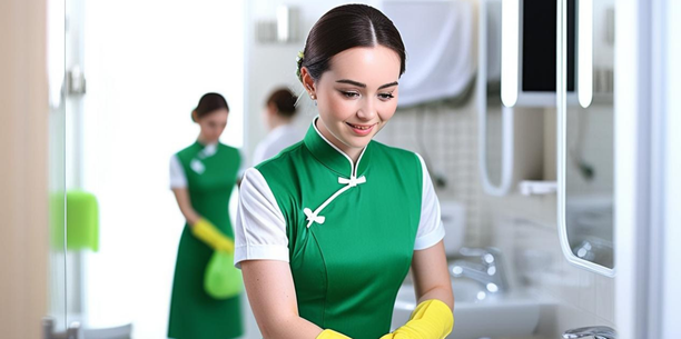 a woman in a green apron and yellow gloves