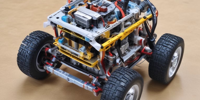 A homemade robot constructed from household materials and electronic components including a microcontroller board and several colorful wires protruding from its top. The body appears to be made from stacked containers wrapped in black tape, with a pair of ultrasonic sensors resembling eyes.