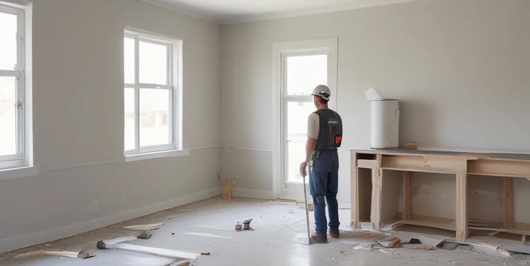A modern architectural interior with large, angular windows allowing natural light to flood in. A central, curved staircase leads to an upper level, where two people stand looking out over the space. Below, three people are walking and interacting in the open area. The design features clean lines and a prominent red square artwork on the wall.