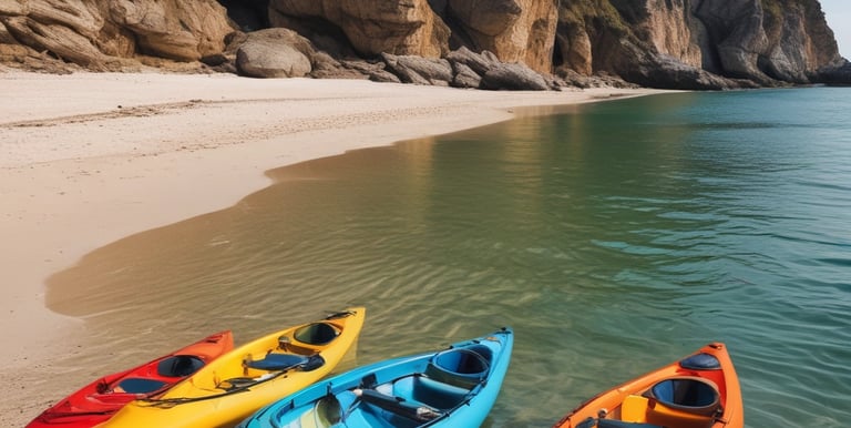 A windsurfer navigates the calm, clear blue waters near a bustling beach lined with trees and a large hotel. The sky is clear with some wispy clouds, complementing the vibrant summer atmosphere.