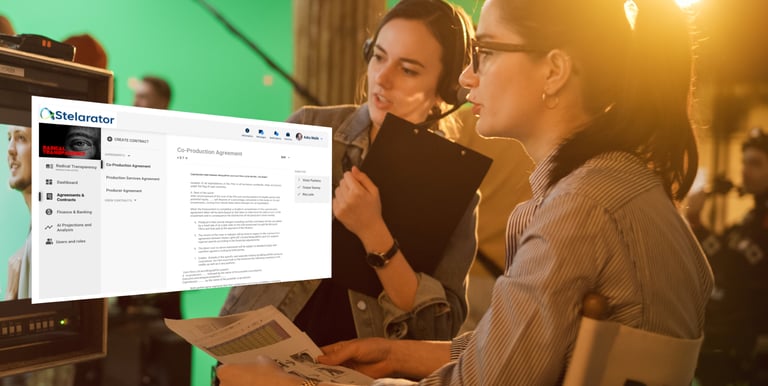 Female Producer on a green screen set with overlayed Stelarator dashboard page showing an AI enabled digital co-pro contract