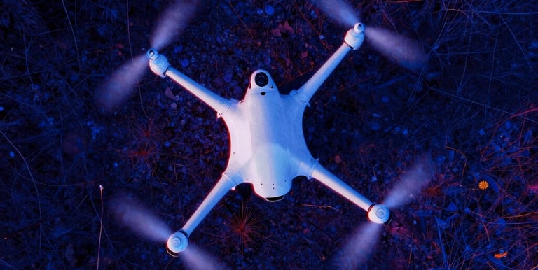 Zdjęcie przedstawiające dron z góry oraz teren pod nim w termowizji