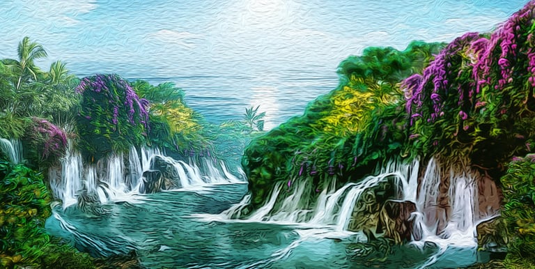 Impressionist oil painting of a tropical landscape with waterfalls, lush green cliffs, and purple flowers.