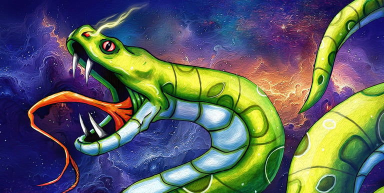 Vibrant digital painting of a giant green serpent with fangs floating in a colorful space nebula.