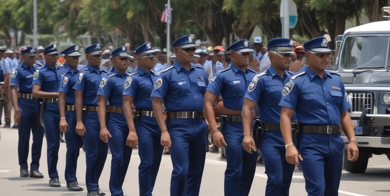 A collection of scuba diving equipment, including flippers, breathing regulators, air cylinders, and gauges, is arranged on a textured blue surface. The gear has various labels and branding, including 'Scubapro' and 'Oceanic.'