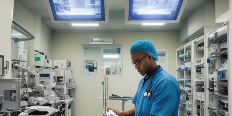 A technician inspecting medical equipment in a clean, well-lit workspace.