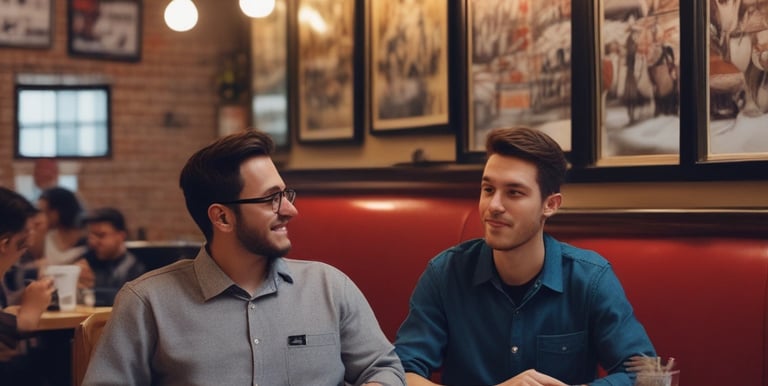 A bustling restaurant with many people seated at tables, engaging in conversation and eating. There is a variety of dishes on the tables, including leafy greens and rice. The room is bright, with natural light coming through large windows.