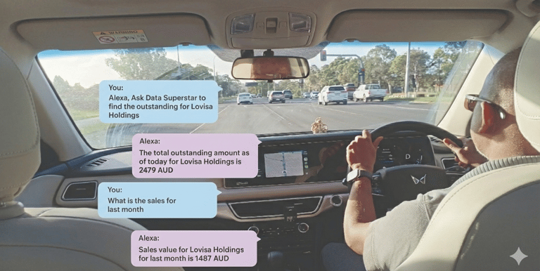 Business person driving and checking the ERP information using Data Superstar