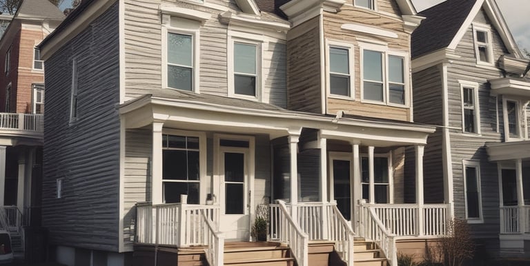A cityscape with a real estate sign in the foreground, prominently displaying the name and phone number. Surrounding the sign are various buildings with different architectural styles, some with scaffolding and green netting. The scene features a mix of older, worn structures alongside modern glass-fronted buildings. Power lines and construction materials add to the urban complexity.