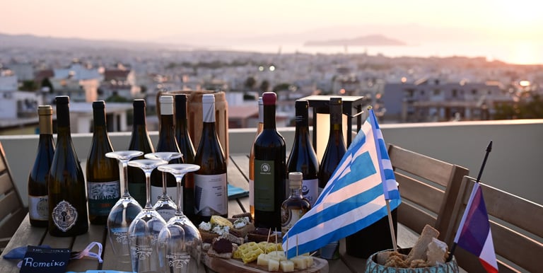 a table with greek wine bottles and glasses on it at La Canée