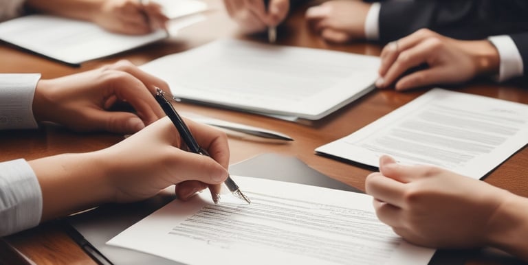 A yellow sign with bold black text in German promoting an agency located on a street. The background shows part of an urban setting with tables and chairs on a sidewalk.