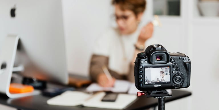 a woman sitting at a desk with a camera and a camera