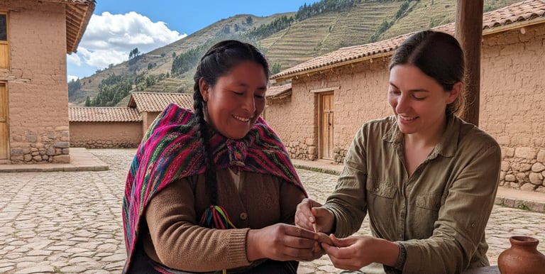 Indígena Cusqueña de raiz nativa enseñando cerámica en frío a extranjera
