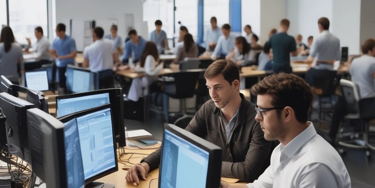 A team collaborating over marketing plans and digital devices in a bright, modern office.
