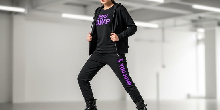 a woman in a black jacket and hat with a purple hat with the words yuu jump