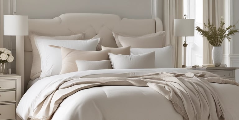 Cozy bedroom with elegant bedding and soft lighting.