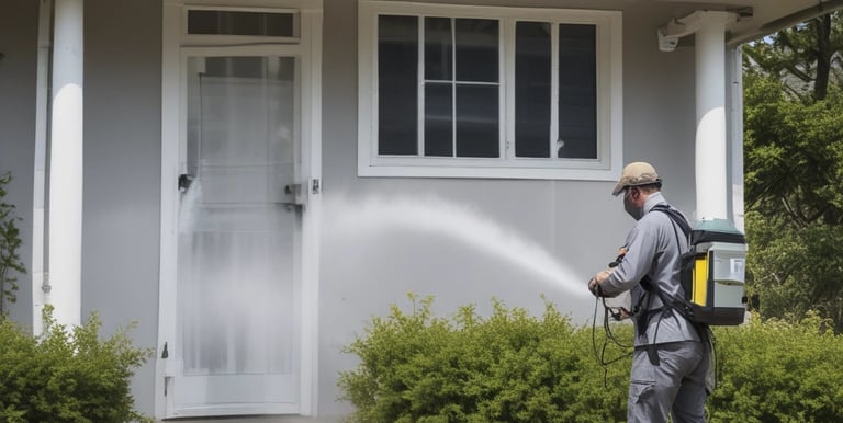 A hand holds a small, curled-up insect with a segmented body that is primarily dark with lighter markings. The background shows a grassy area.