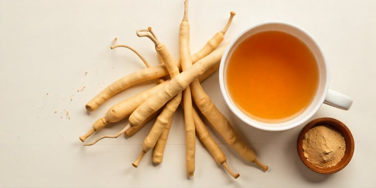 A clean 16:9 image showing twisted Mulethi roots with a bowl of light brown powder and a warm herbal