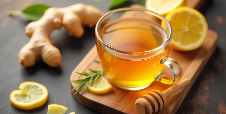 Glass cup of steaming ginger tea with ginger roots, lemon, and honey on wooden table.