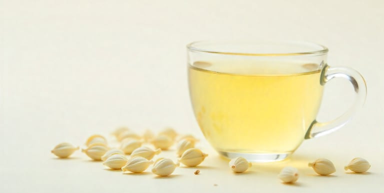 Pale white tea in glass cup with tea buds on white background.
