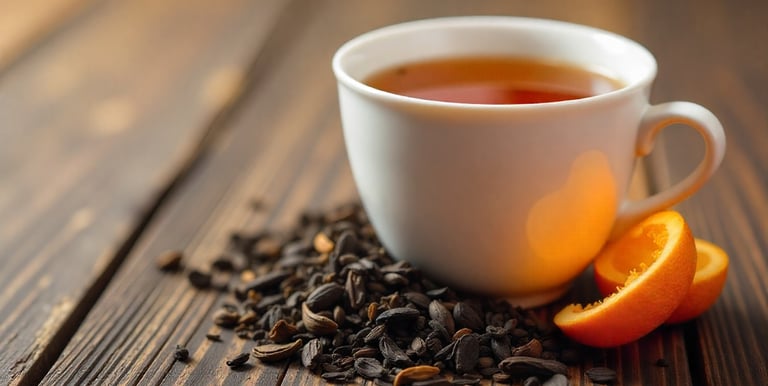 Amber tea cup with dried orange peel and loose black tea leaves.