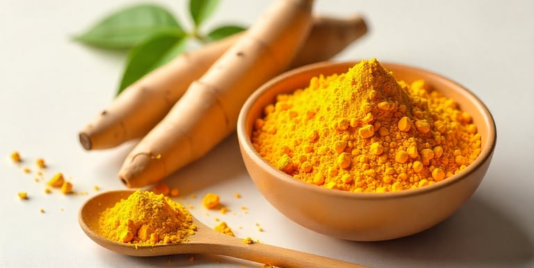 A bright 16:9 natural composition featuring turmeric roots, a bowl of golden powder, and green leave