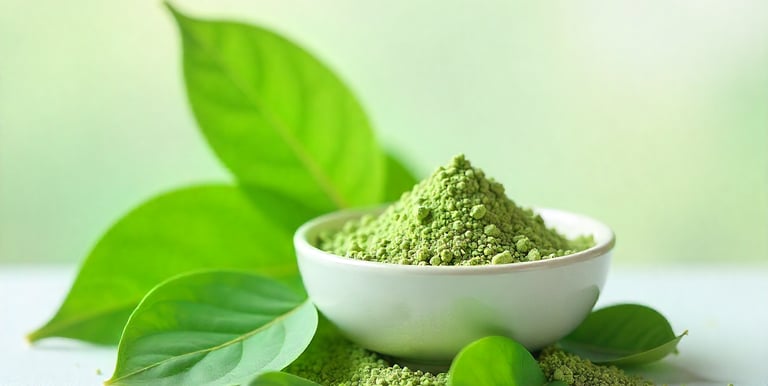 A calm, balanced 16:9 scene showing Brahmi leaves and a ceramic bowl of greenish powder on a white s