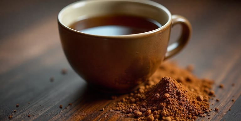 Cup of dark gold tea with tea dust beside it.