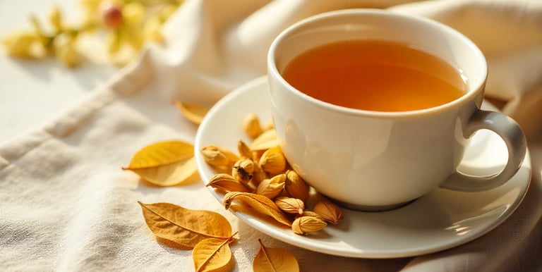 Cup of golden tea with golden-tipped leaves on fabric.