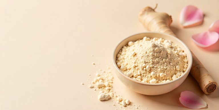 Shatavari roots with beige powder arranged neatly on a soft cream background with subtle pink floral