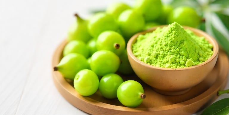 Dewy green Amla fruits placed beside a bowl of light green powder on a clean wooden surface, illumin