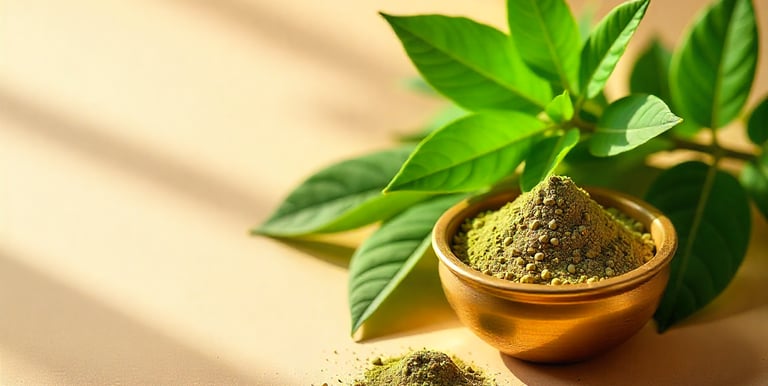 Fresh Tulsi leaves beside a clay or brass bowl of Tulsi powder or tea on a warm beige background, so