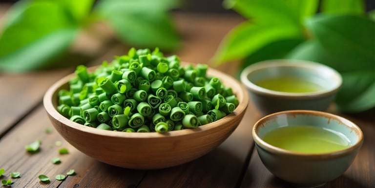 Hand-rolled green tea leaves in bamboo bowl with tea cup beside.