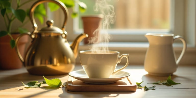 Steaming cup of black tea with brass kettle and milk jug.