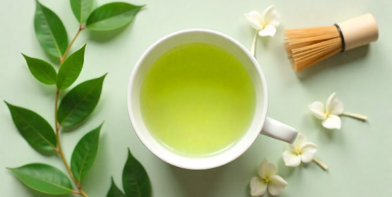 Cup of green tea with tea leaves and bamboo whisk on soft neutral background.