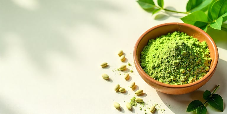 Fresh moringa leaves and seeds arranged beside a bowl of green moringa powder on a soft white backgr