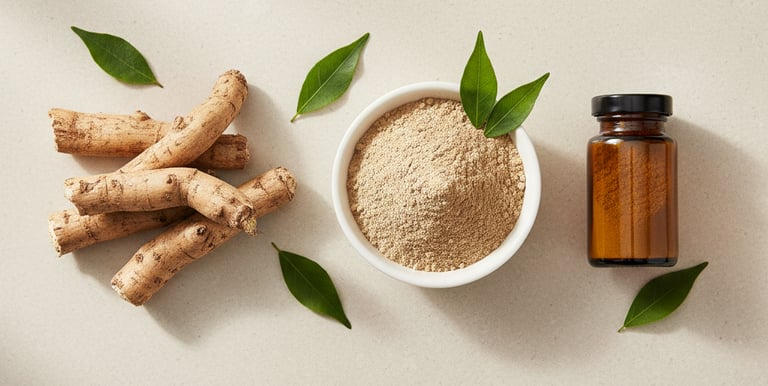 A minimalist 16:9 image featuring fresh Ashwagandha roots, fine beige powder in a bowl, and green le