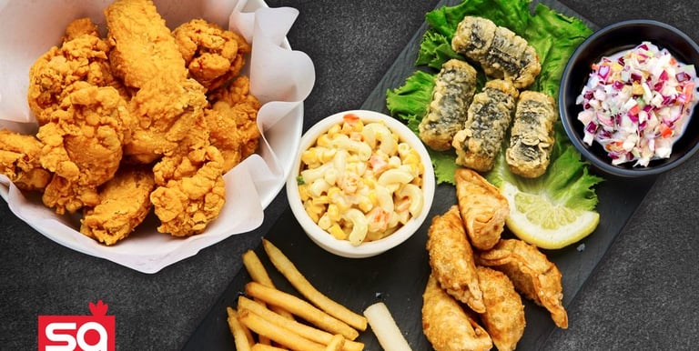 Soul chicken has Fried chicken and sides corn and Mac, Mandoo, Gimmari and coleslaw 