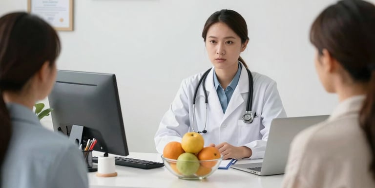 A professional consultation setting with a medical professional sitting at a desk facing a client. The room has a modern aesthetic with white walls decorated with framed certificates. The desk is organized with office supplies, a laptop, and a fruit bowl in the center.