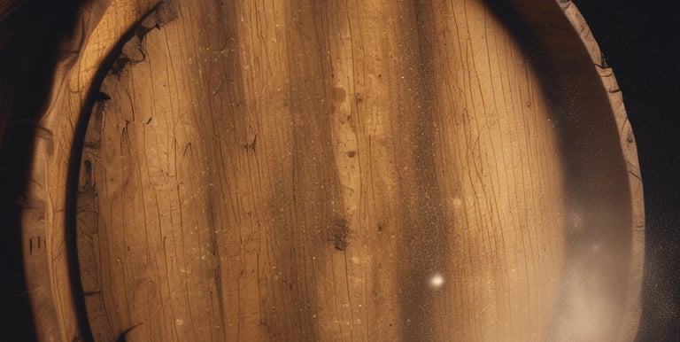 Close-up of a hand selecting a rich oak barrel in a dimly lit Kentucky rickhouse.